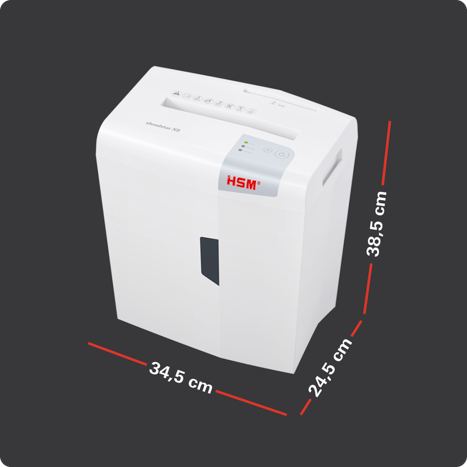 Dimensions du shredstar X8 : 34,5 × 24,5 × 38,5 cm