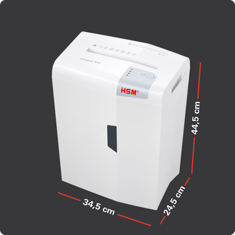 Dimensions du shredstar X10 : 34,5 × 24,5 × 44,5 cm