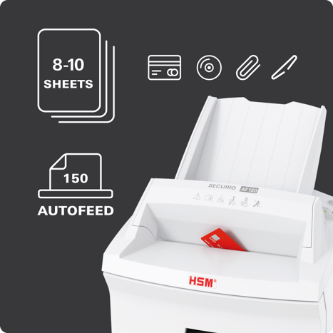 SECURIO AF150 : 8 à 10 feuilles par la fente manuelle en P-4, 150 en automatique