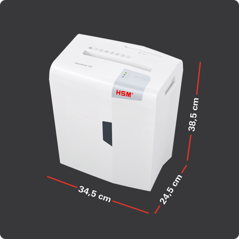 Dimensions du shredstar X5 : 34,5 × 24,5 × 38,5 cm