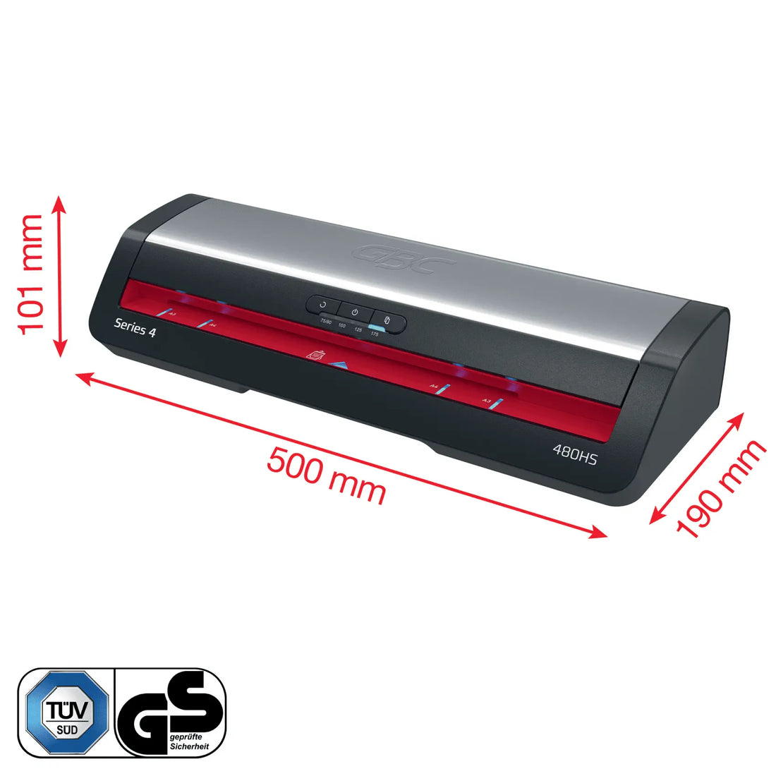 Dimensions de la GBC 480HS : 500 × 110 × 190 mm
