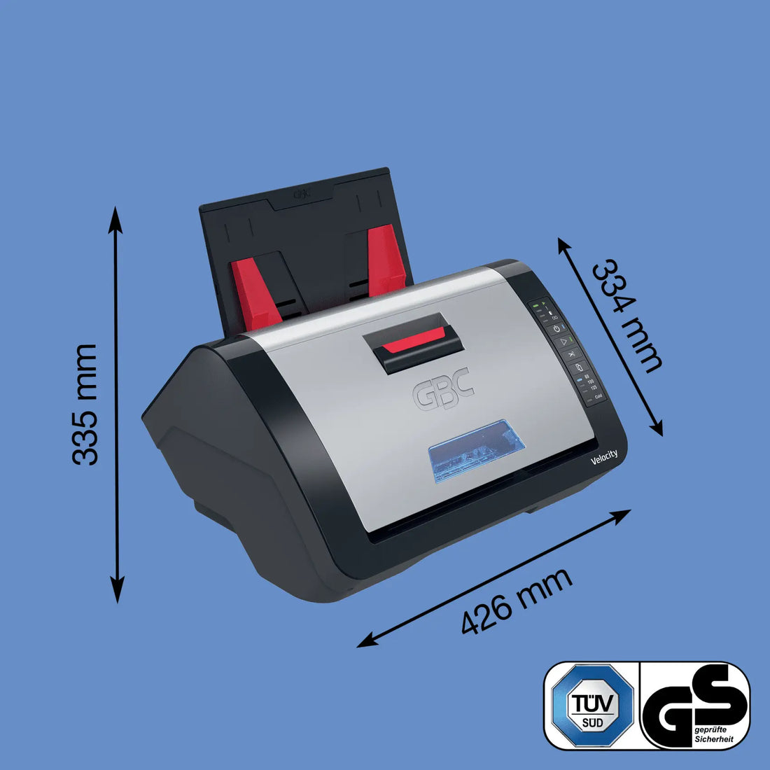 Dimensions de la GBC Velocity : 426 × 335 × 334 mm