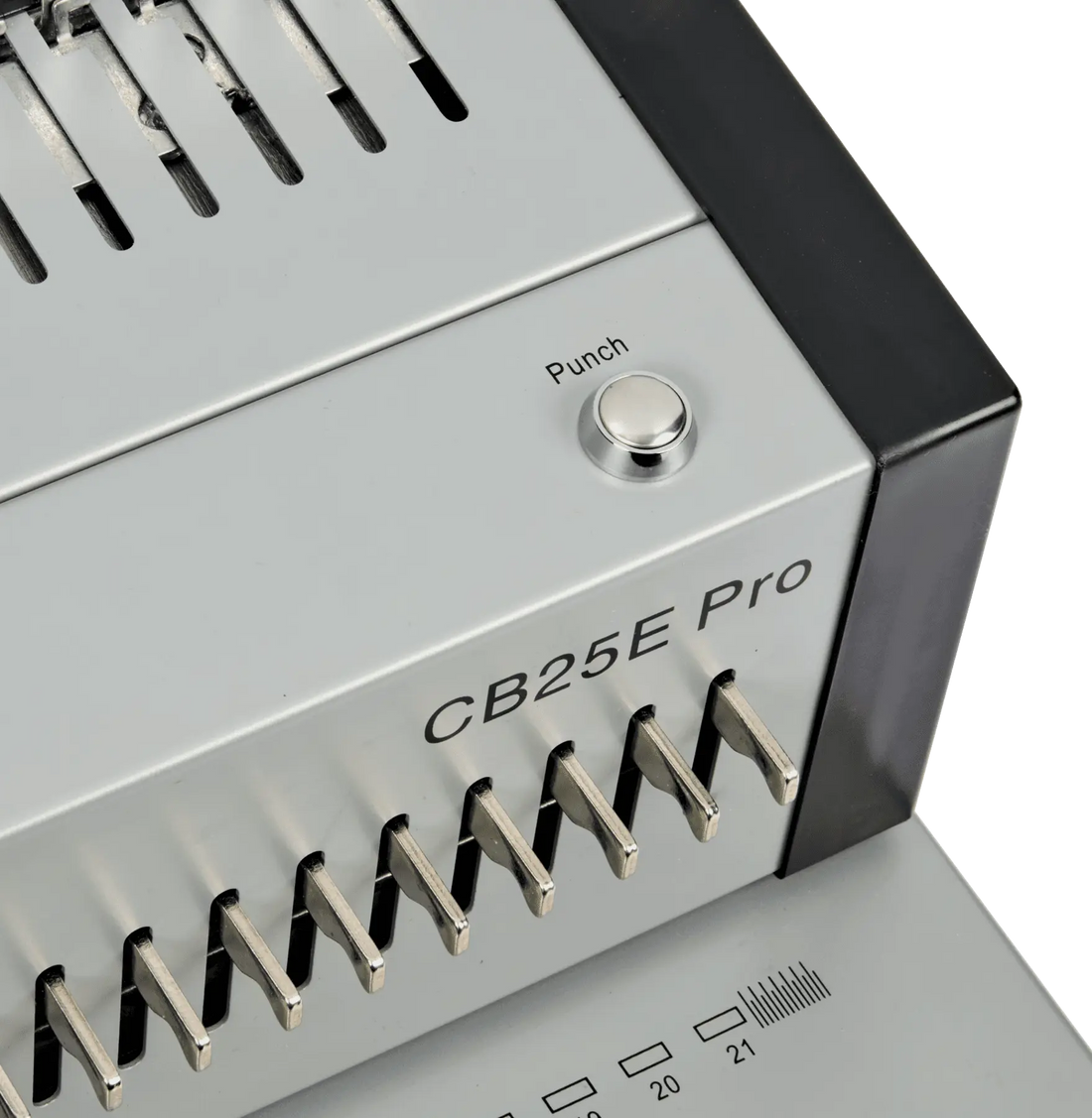 Détail du dessus de la GBC CB25E Pro et des doigts d'ouverture du peigne