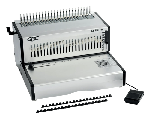 Perforelieuse électrique GBC CB30E Pro avec sa pédale et deux peignes plastique CombBind