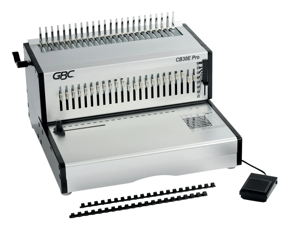 Perforelieuse électrique GBC CB30E Pro avec sa pédale et deux peignes plastique CombBind