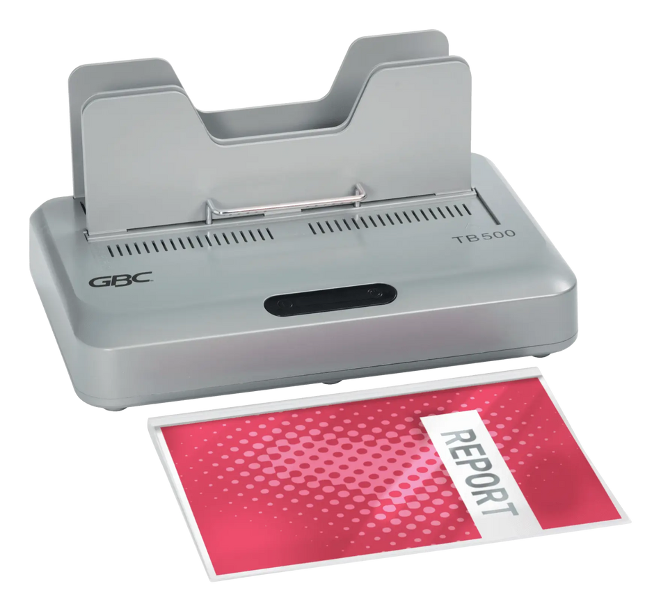 Thermorelieuse GBC TB500 et un document relié sous couverture thermique