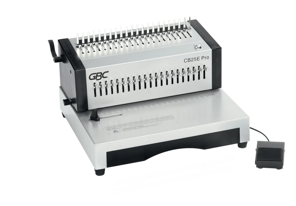 Perforelieuse électrique GBC CB25E Pro avec sa pédale et deux peignes plastique CombBind