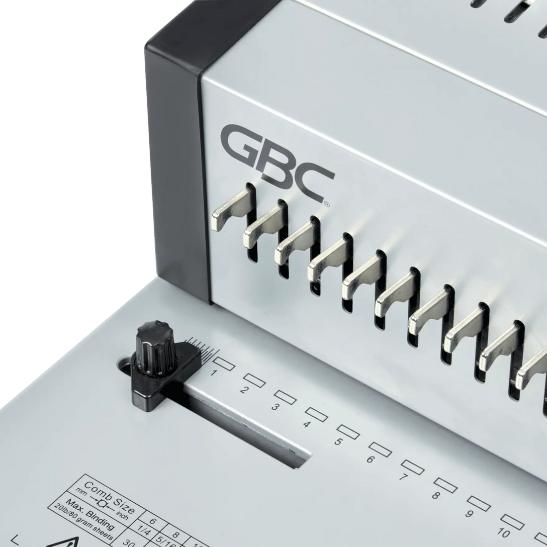 Butée papier graduée et doigts d'ouverture du peigne de la GBC CB25 Pro