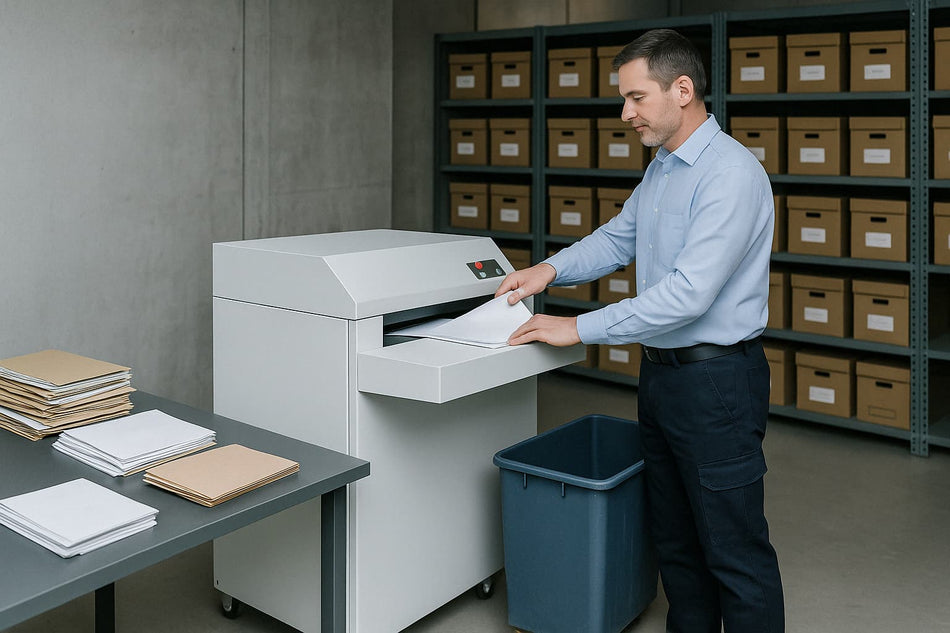 operateur utilisant un destructeur de documents industrielle dans une salle d'archives - traitment sécurisé du papier avec une machine professionelle arboreal france