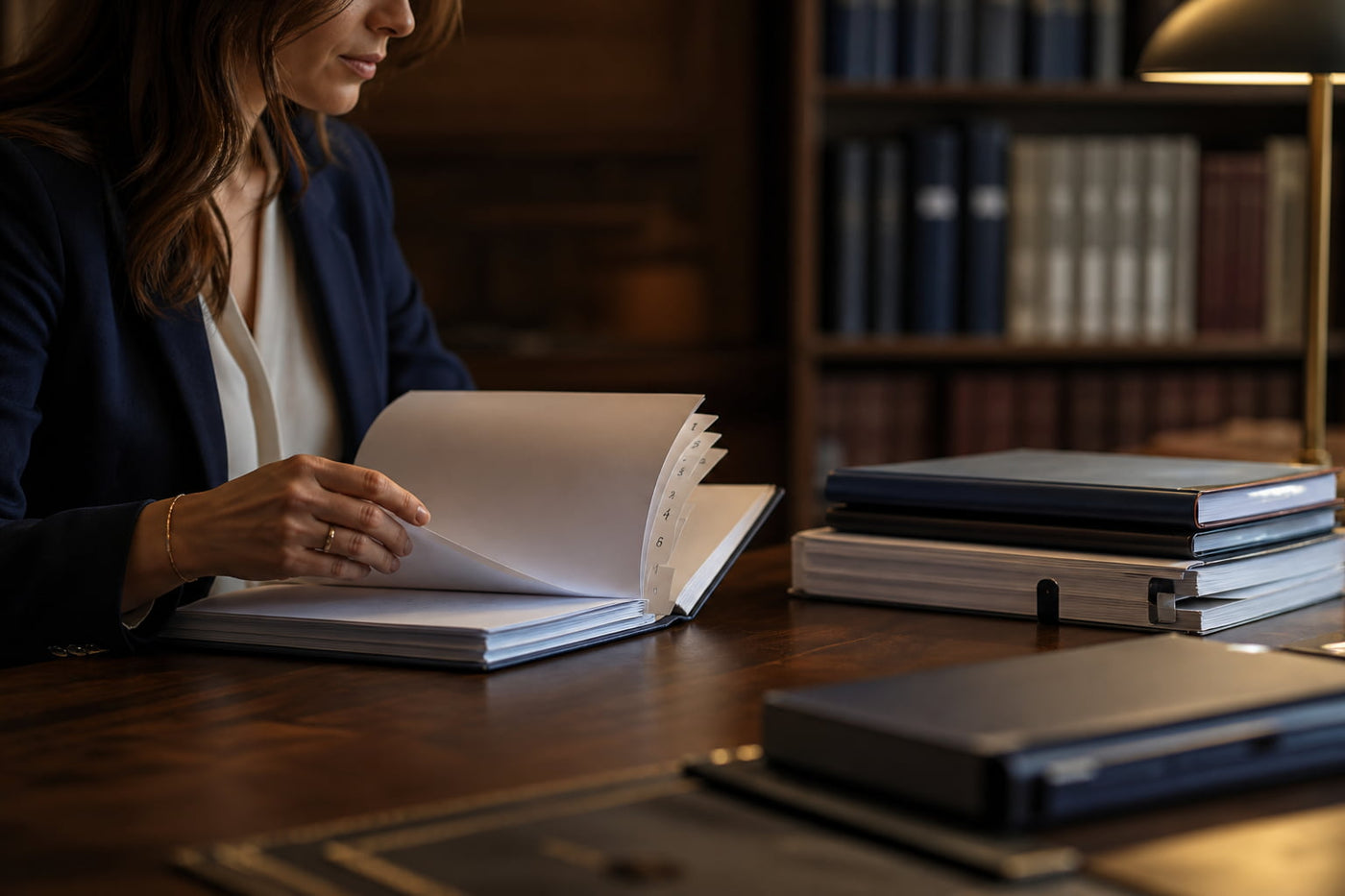 Illustration d’une professionnelle consultant un dossier à intercalaires dans un cabinet d’avocats