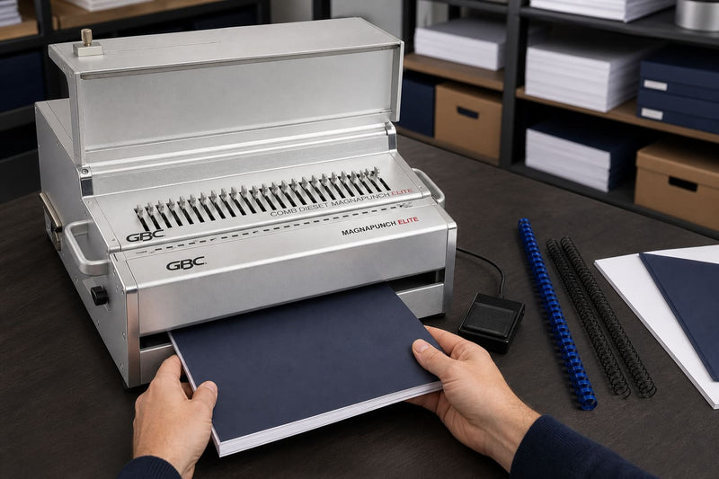 Illustration : perforation d’un document sur une machine professionnelle GBC Magnapunch Elite — univers reliure Arboréal France