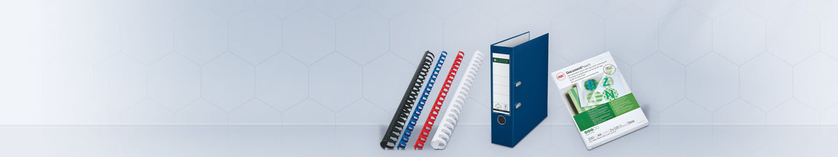 Consommables de bureau : peignes plastique GBC CombBind, classeur à levier Leitz et pochettes de plastification GBC A4