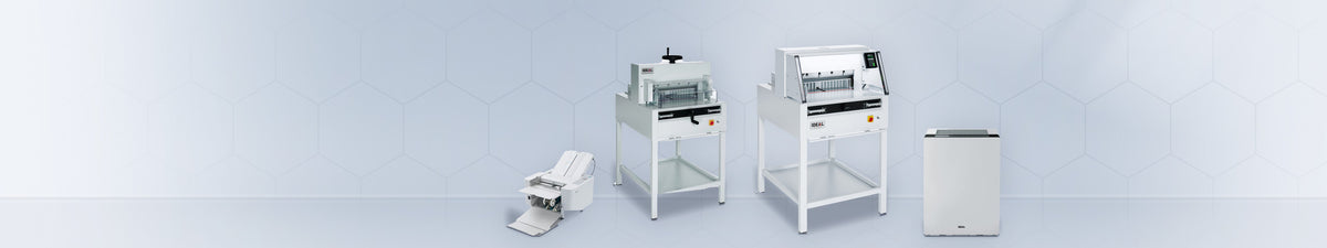Massicots électriques IDEAL 4860 et 4815, plieuse IDEAL 8345 et purificateur d'air IDEAL AP80 PRO : massicot, rogneuse, cisaille papier