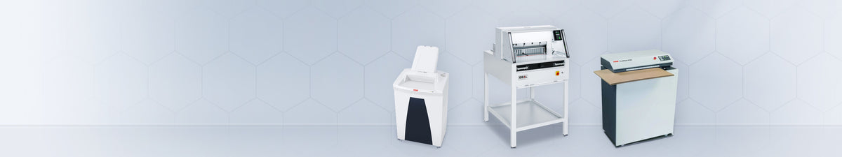 Machines de bureau professionnelles : destructeur de documents HSM SECURIO AF500, massicot électrique IDEAL 4860 et matelasseur de carton HSM ProfiPack P425 : destructeur de documents, broyeur de papier, massicot, rogneuse, cisaille papier