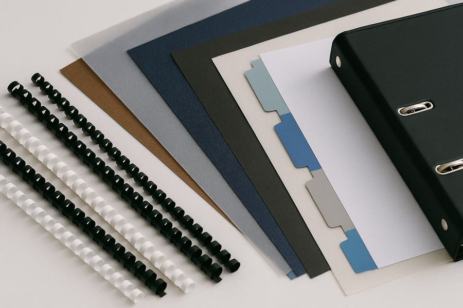 Consommables de bureau comprenant anneaux de reliure, couvertures plastiques, intercalaires et classeurs – Fournitures professionnelles pour la gestion documentaire chez Arboreal France