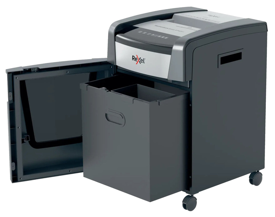 Destructeur de documents Rexel Momentum Extra XP420+, broyeur de papier : porte battante ouverte, corbeille de 60 litres