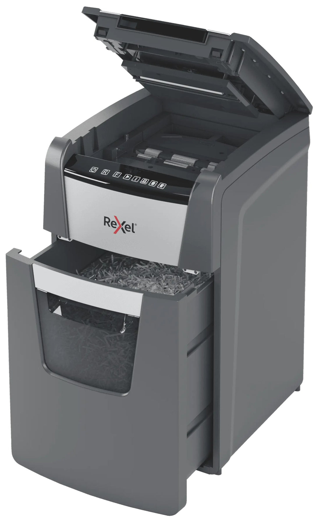 Destructeur de documents Rexel Optimum Auto+ 150X, broyeur de papier : couvercle du chargeur et corbeille ouverts