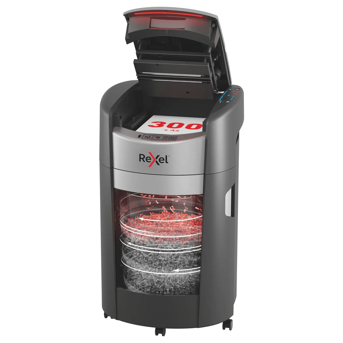 Destructeur de documents Rexel ShredMax AutoFeed+ 300, broyeur de papier : chargeur ouvert et corbeille rotative en coupe