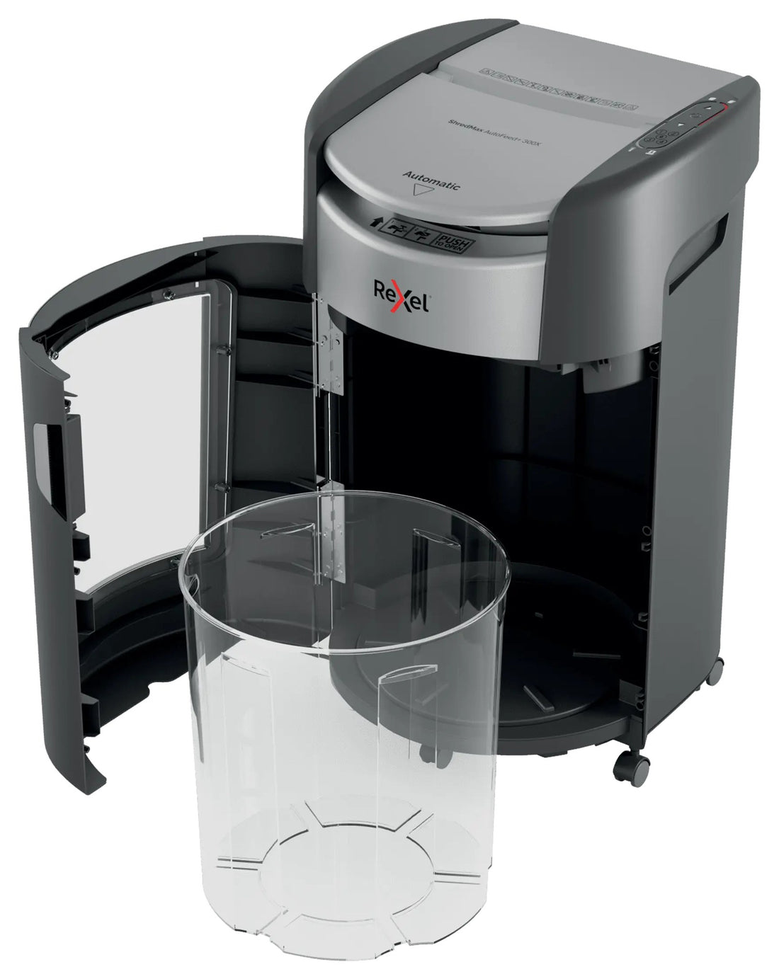 Destructeur de documents Rexel ShredMax AutoFeed+ 300X, broyeur de papier : porte ouverte, corbeille de 25 litres