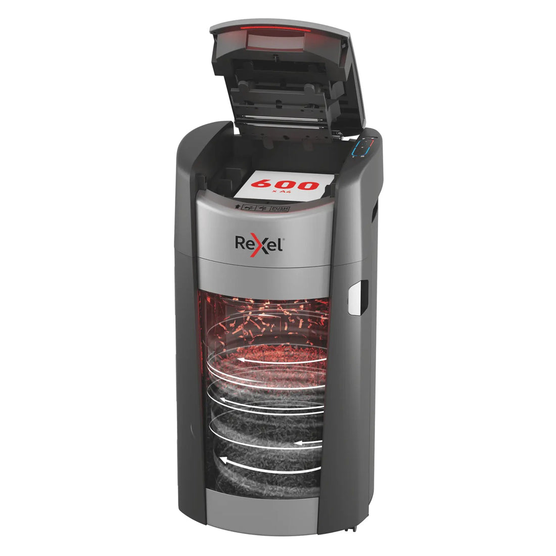 Destructeur de documents Rexel ShredMax AutoFeed+ 600, broyeur de papier : chargeur ouvert et corbeille rotative en coupe