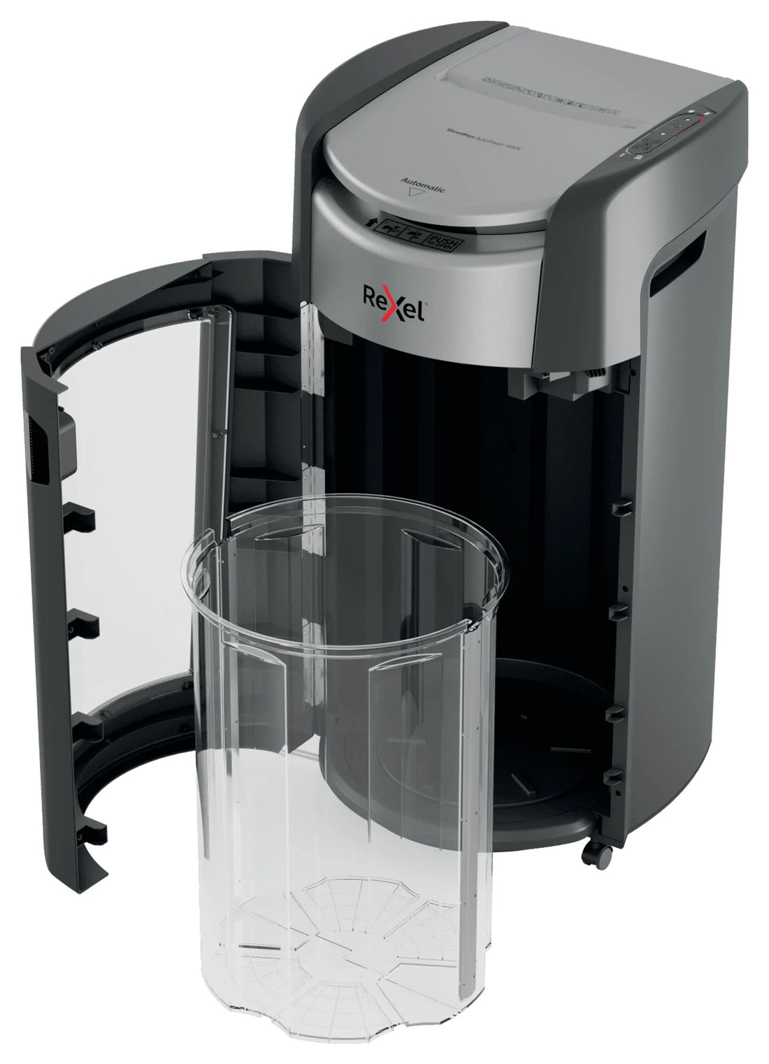 Destructeur de documents Rexel ShredMax AutoFeed+ 600X, broyeur de papier : porte ouverte, corbeille de 50 litres
