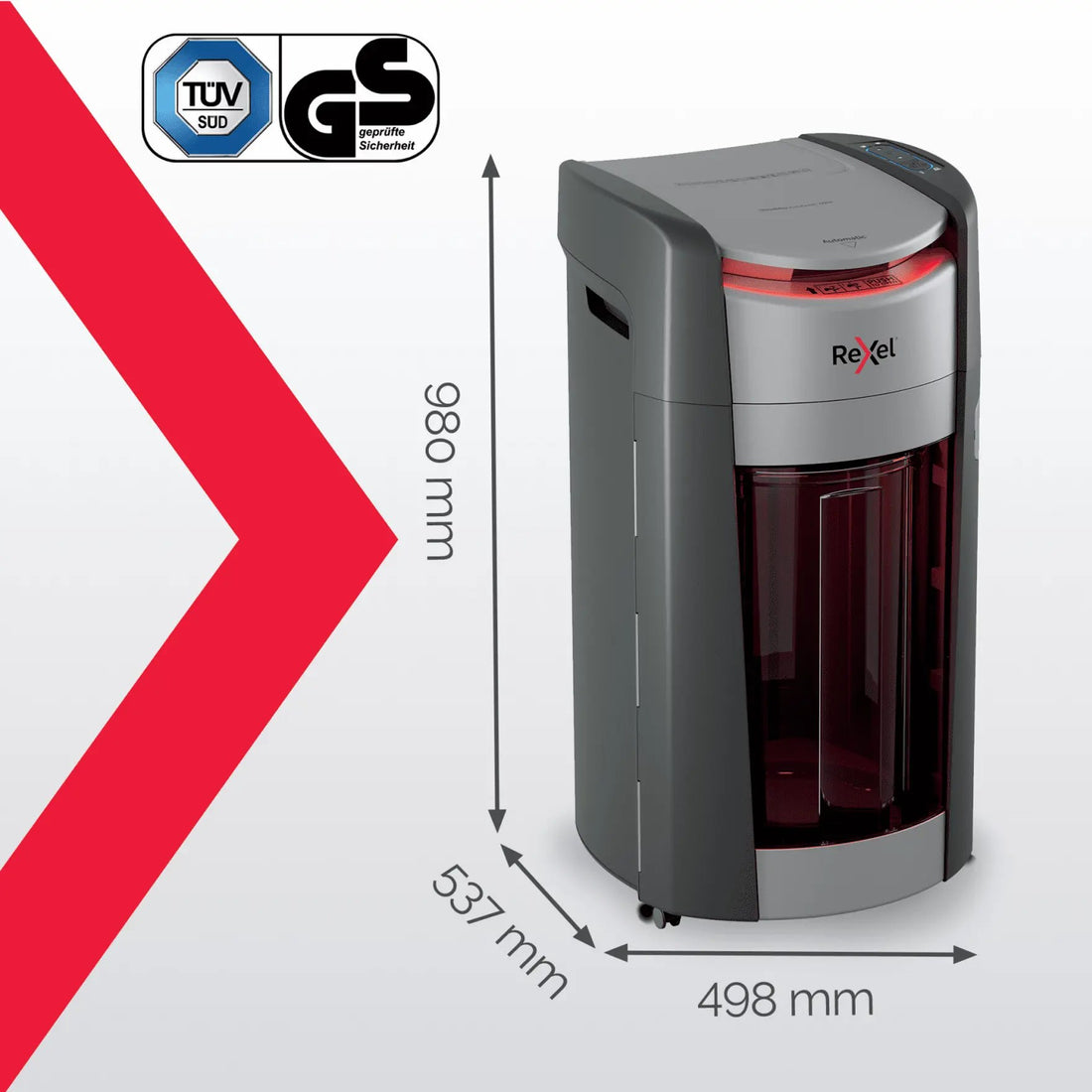 Destructeur de documents Rexel ShredMax AutoFeed+ 600, broyeur de papier : dimensions 498 × 537 × 980 mm