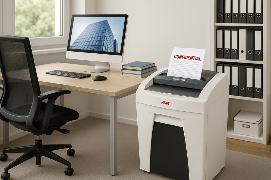 Destructeur de documents HSM installé dans un bureau professionnel moderne — Arboreal France, spécialiste en matériel de destruction confidentielle