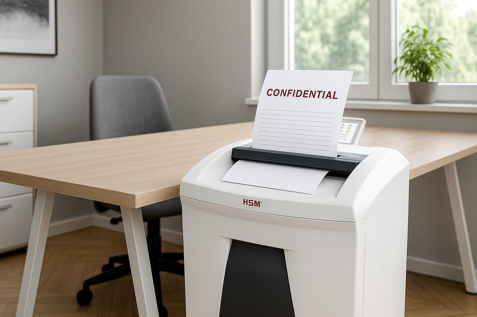 Destructeur de documents HSM en action dans un bureau professionnel — Arboreal France, spécialiste du matériel de destruction confidentielle