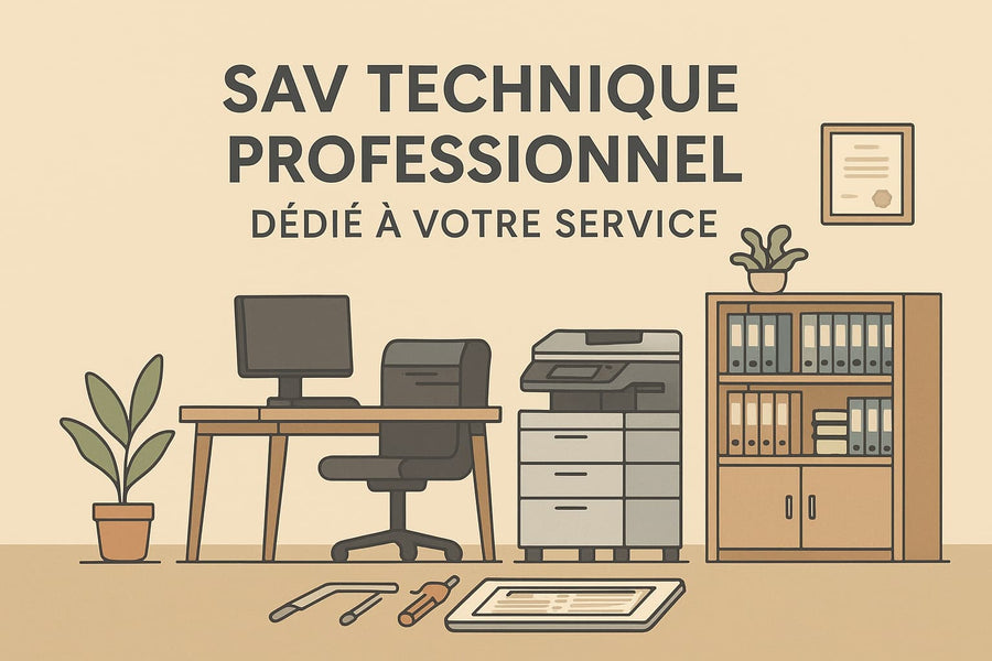 Illustration d’un service après-vente technique professionnel avec outils, bureau et mobilier – Arboreal France au service de vos équipements bureautiques