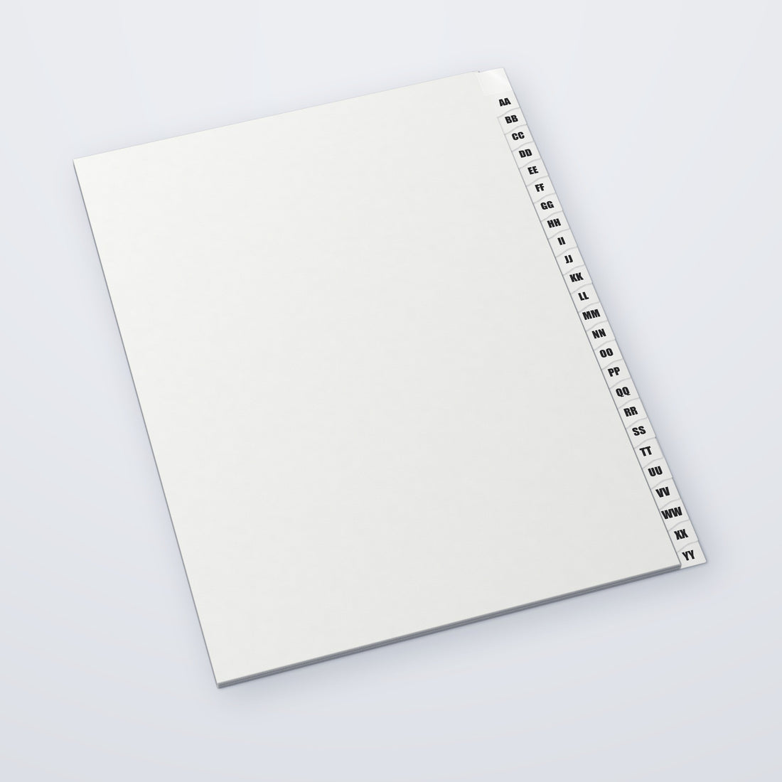 Jeu d’intercalaires alphabétiques AA à ZZ, format A4, touches à lettres doublées (AA, BB, CC…), vue de trois quarts