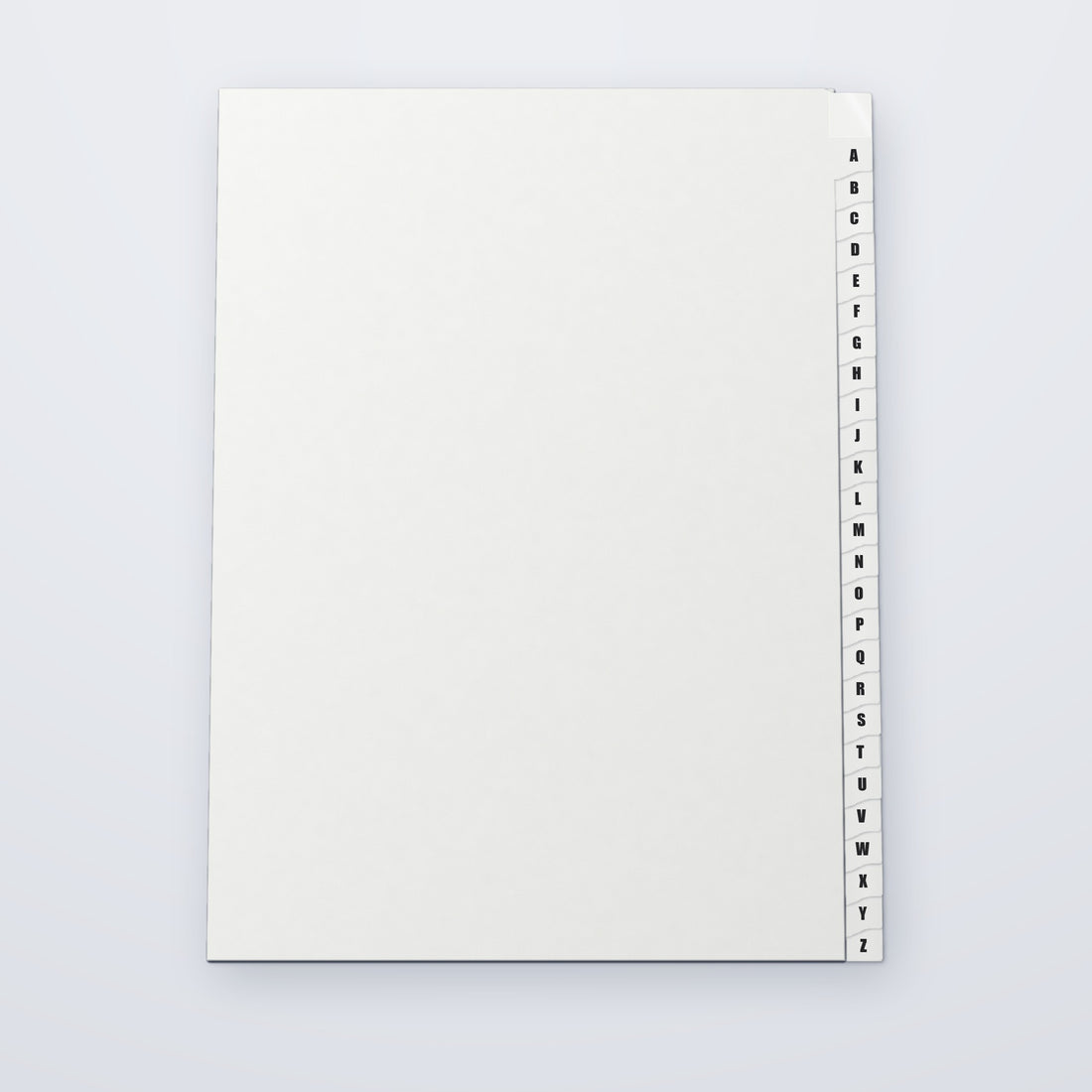 Jeu d’intercalaires alphabétiques A à Z, format A4, vu de face, 26 touches sur le bord droit