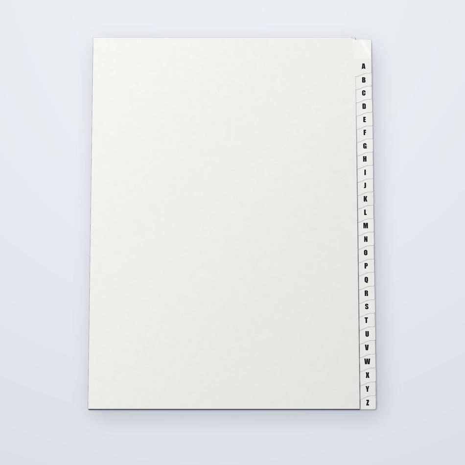 Jeu d’intercalaires alphabétiques A à Z, format A4, vu de face, 26 touches sur le bord droit
