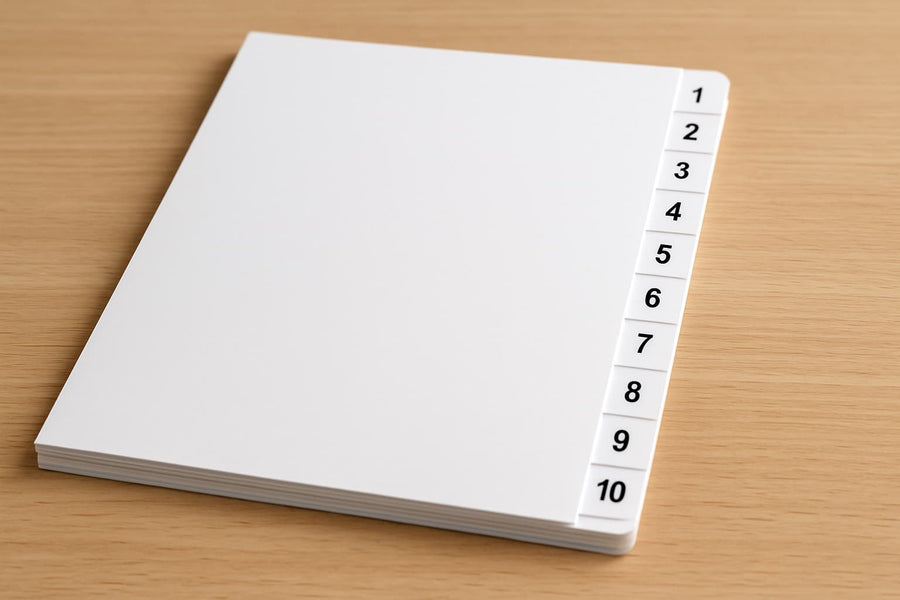 Jeu d’intercalaires numérotés de 1 à 10, en blanc, sans logo, présenté sur un bureau en bois – Fourniture professionnelle proposée par Arboreal France
