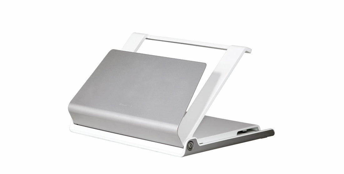 Support d'ordinateur portable Humanscale L6 blanc, vue de trois-quarts