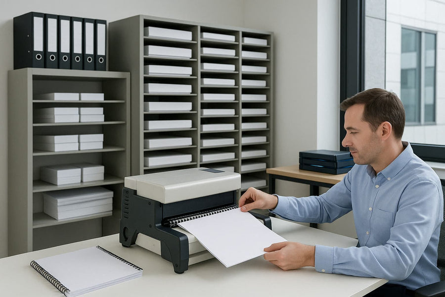 Responsable de bureau utilisant une relieuse professionnelle dans un environnement administratif – Reliure de dossiers avec matériel de bureau proposé par Arboreal France
