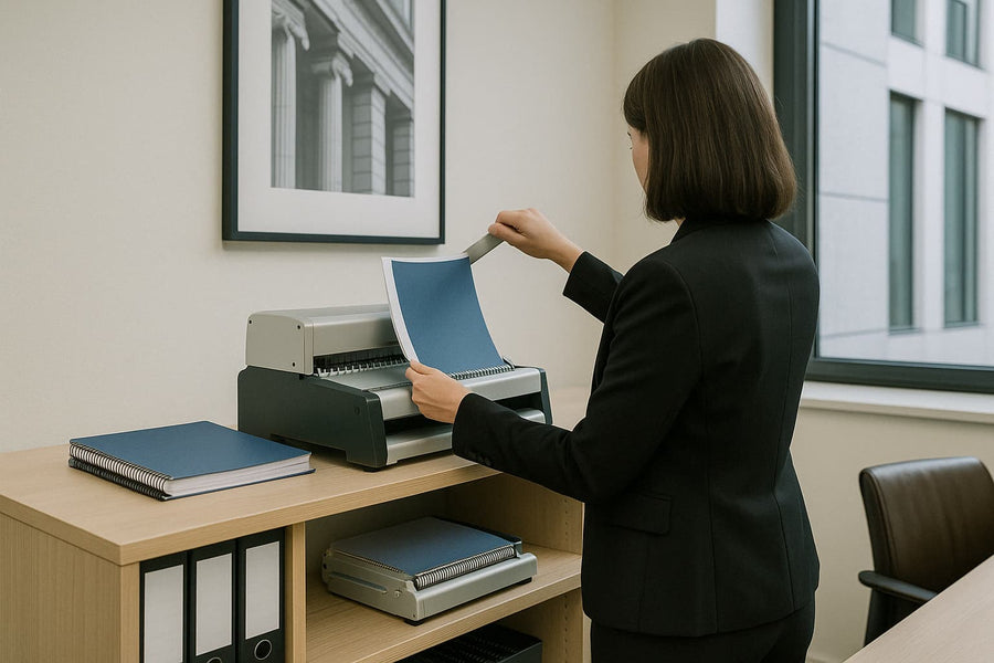 Utilisation d'une perforelieuse professionnelle dans un cabinet d’avocat pour relier un dossier juridique – Arboreal France