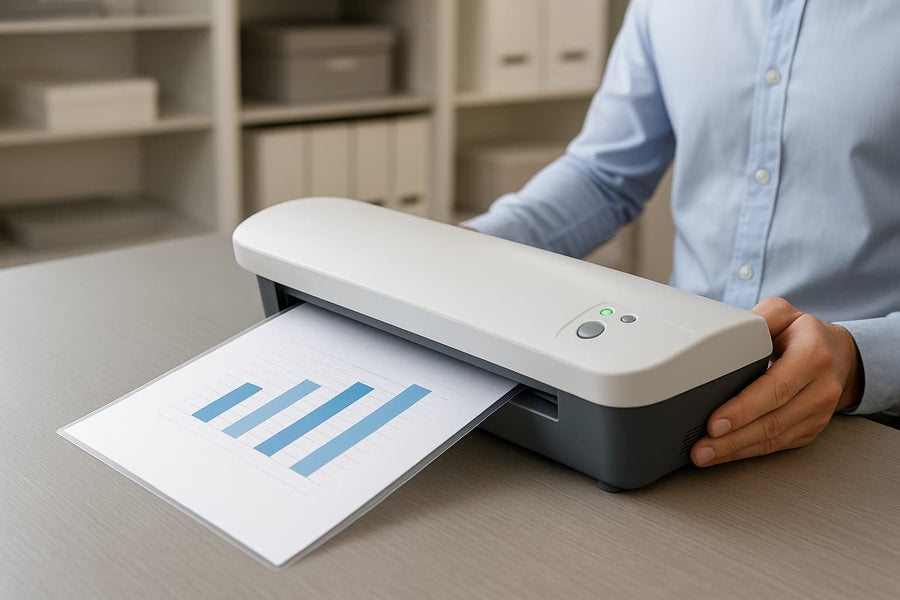 Plastifieuse professionnelle posée sur un bureau moderne, en train de plastifier un document graphique – Idéale pour les présentations et rapports – Arboreal France