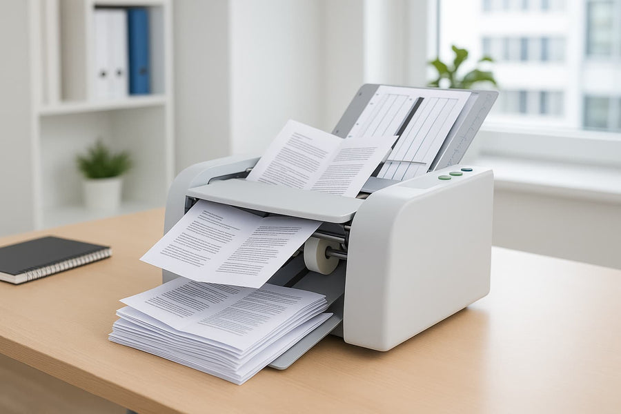 Plieuse automatique de documents A4 installée sur un bureau moderne – pliage rapide et précis pour le courrier administratif – Arboreal France
