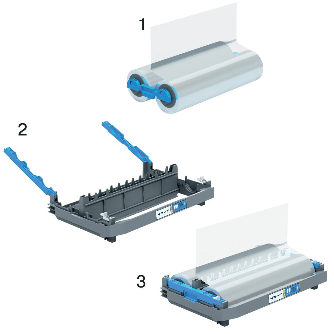 Recharger la cartouche GBC Foton 30 : rouleau de recharge, cartouche ouverte, cartouche rechargée