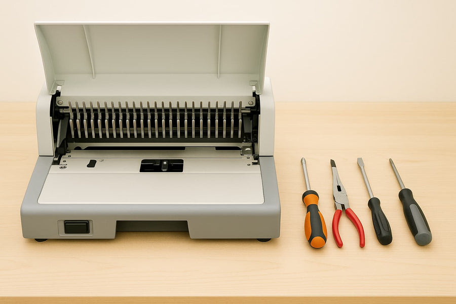 Relieuse professionnelle ouverte accompagnée d’outils de maintenance – Vue technique d’une intervention SAV pour réparation ou entretien de machine de reliure chez Arboreal France