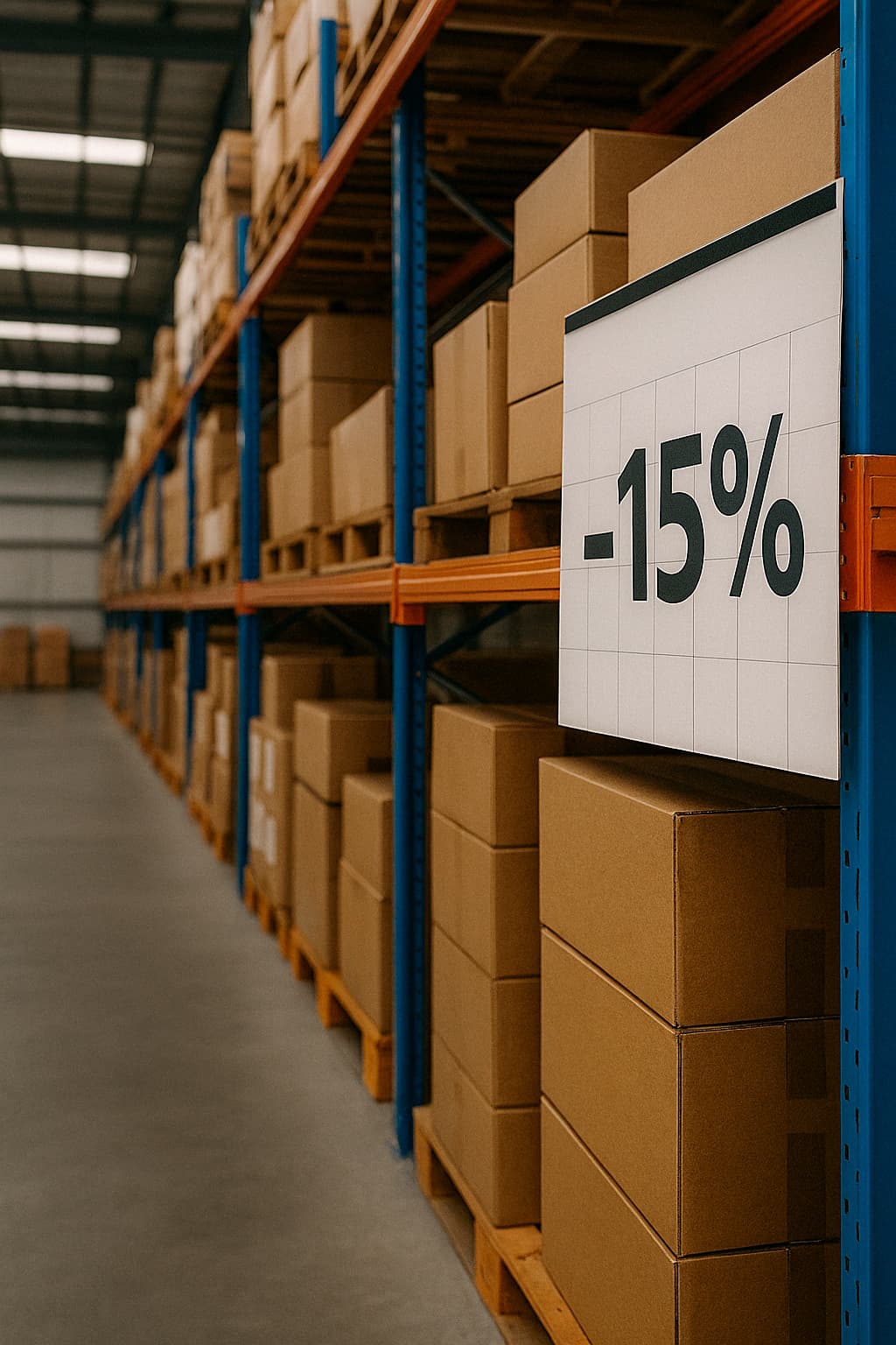 Vue d’un entrepôt logistique avec cartons en stock et remise de 15 % – Arboreal France