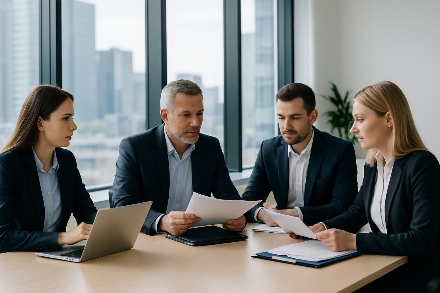 Réunion d’équipe en entreprise, quatre professionnels en costume analysant des documents autour d’une table – Illustration d’un environnement B2B collaboratif et structuré 