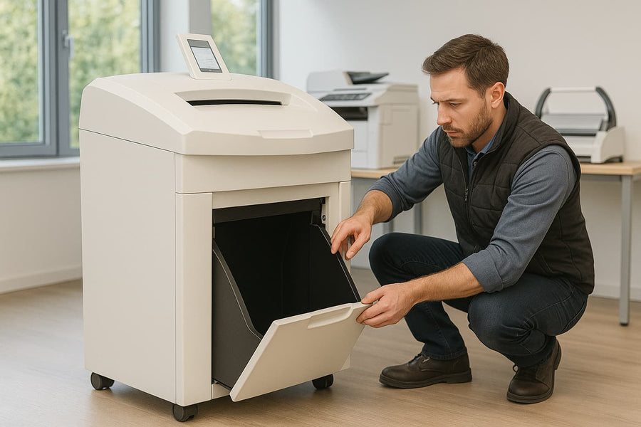 Illustration : technicien contrôlant un destructeur de documents