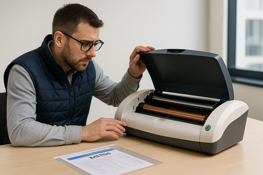 Illustration : technicien inspectant une plastifieuse professionnelle