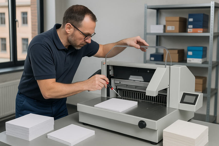 Illustration : technicien en intervention sur un massicot électrique