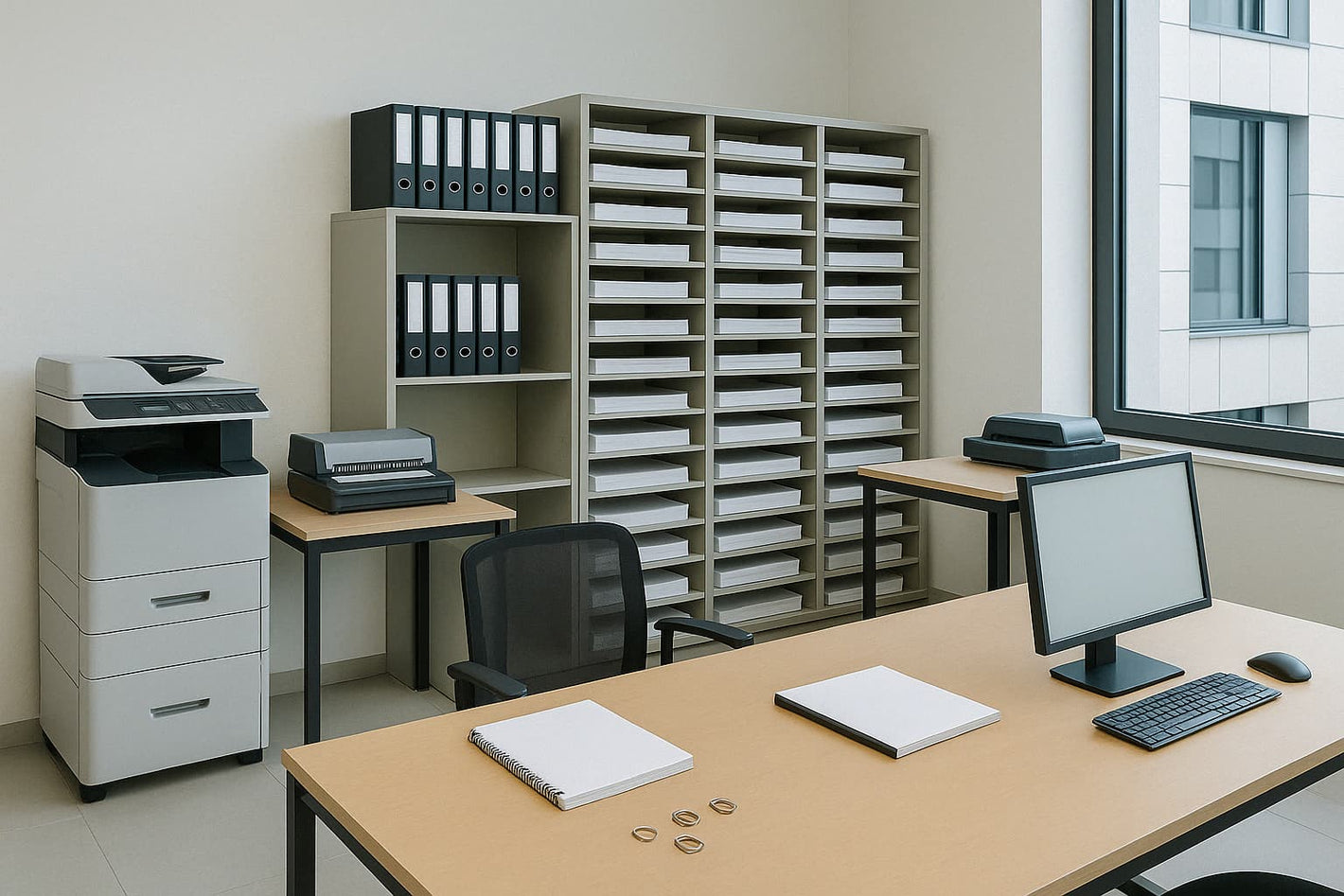 Service de reprographie professionnel avec ordinateurs, étagères de classement et fournitures de bureau – Arboreal France