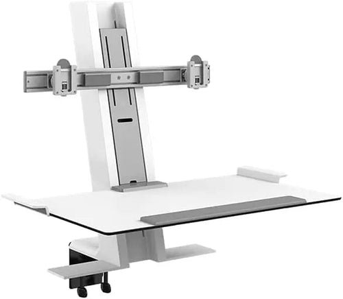 Support assis-debout Humanscale Quick Stand, blanc, 2 écrans (barre transversale), Fixation « C »