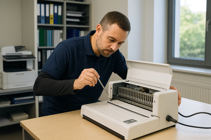 Technicien effectuant la maintenance d’une relieuse professionnelle avec tournevis – Service technique Arboreal France pour équipements de reliure en entreprise