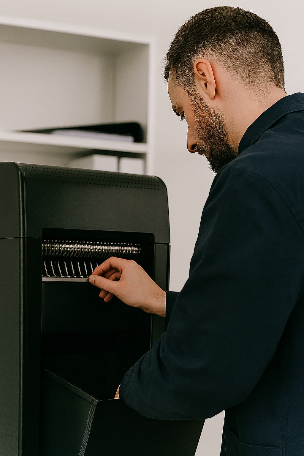 Technicien Arboreal France installant un destructeur de documents professionnel dans un bureau.