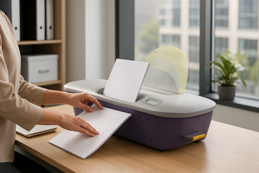 Thermorelieur FastBack FB20 en cours d'utilisation pour relier un dossier administratif dans un bureau professionnel – Arboreal France